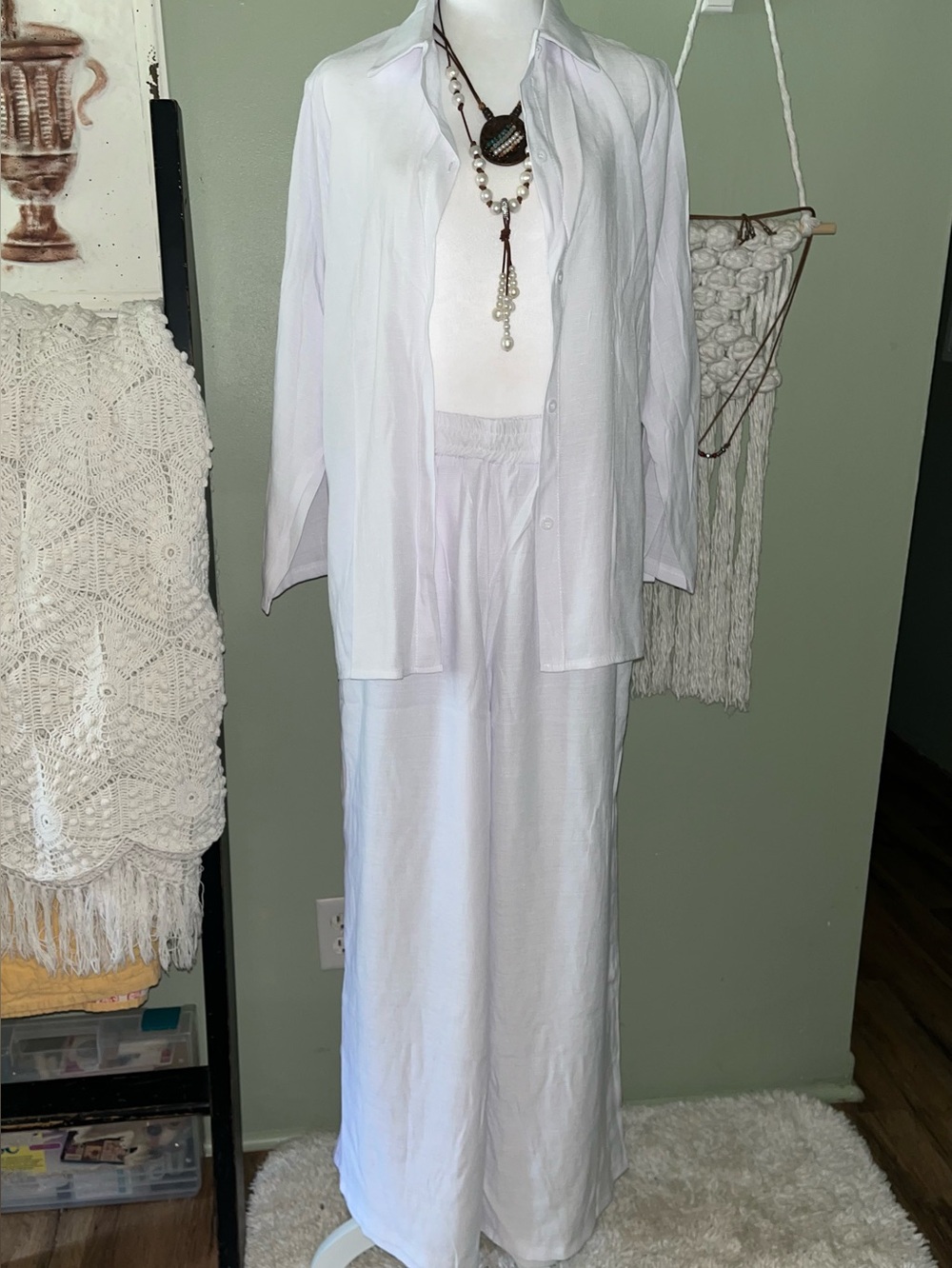 White Two-Piece Button Shirt and Wide Leg Pant Set